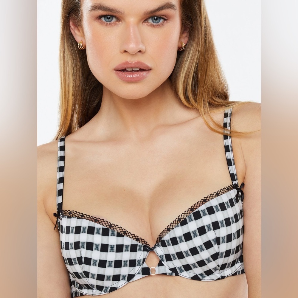 NWT Savage x Fenty Gingham Remix Unlined Plunge Bra, B/W, Size 38DD - Picture 2 of 9